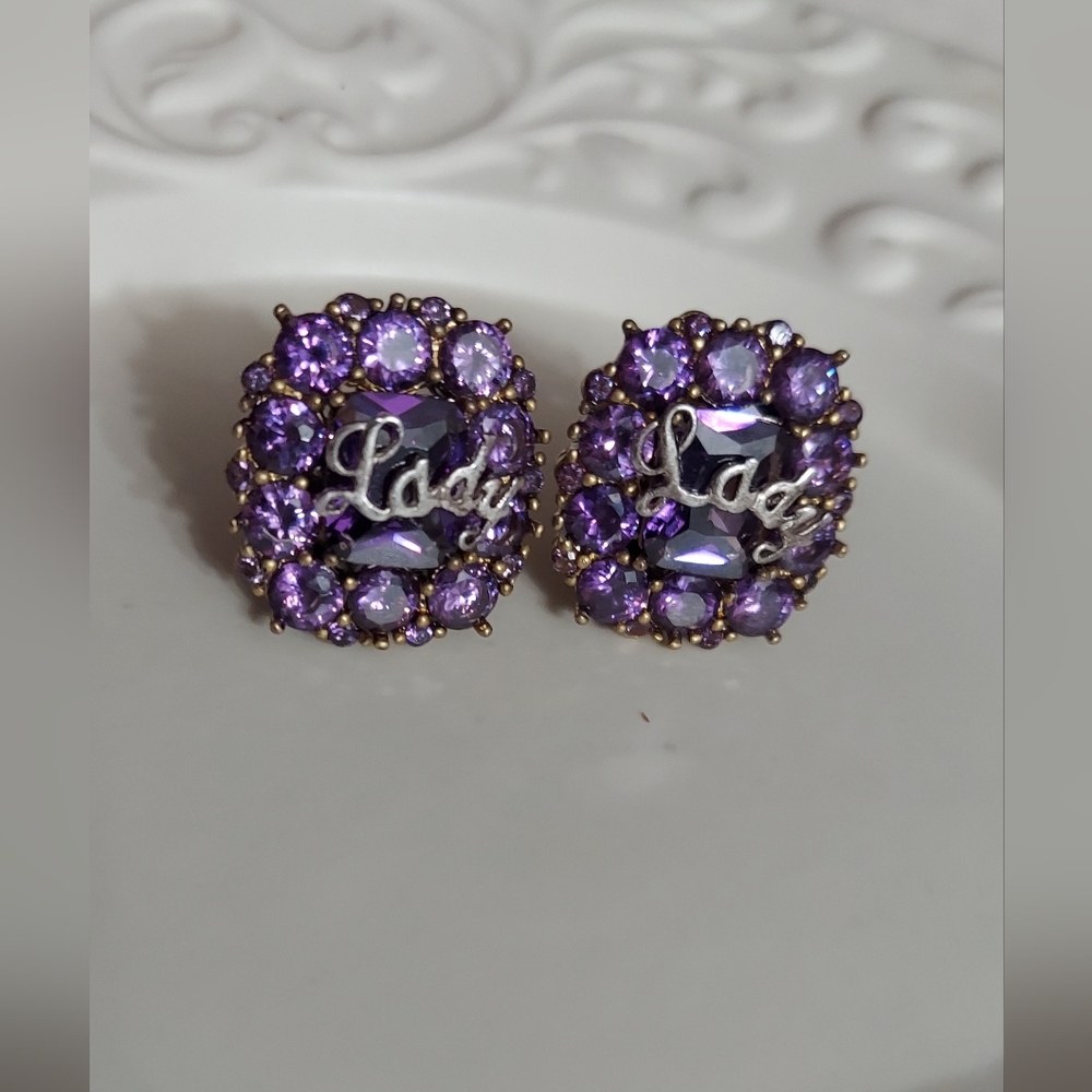 Juicy Couture Gold/Faceted Purple Aurora Borealis Crystal Clip-On Earrings